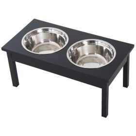 PawHut 2 Stainless Steel Pet Bowls, 23"L Durable Wooden Heavy Duty Dog Feeding Station (Color: Black)